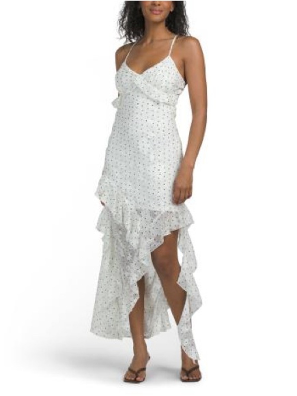 White Ruffle Maxi Dress with Polka Dot Print